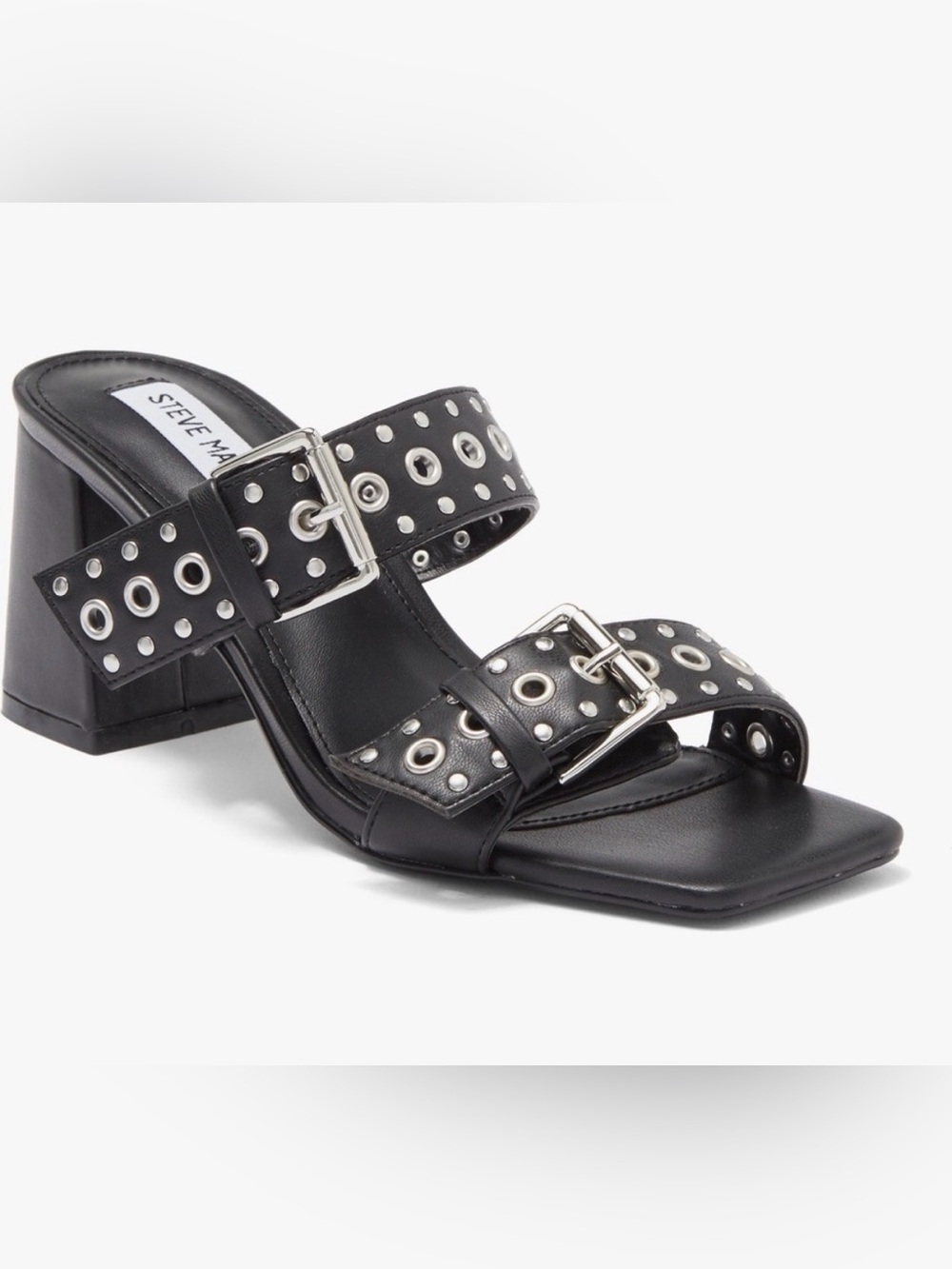 Steve Madden Black Grommet Buckle Block Heel Sandal